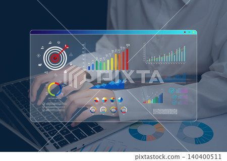 Business analytics, person working on laptop with digital dashboard and target charts, data driven strategy and performance growth Business analytics, person working on laptop with digital dashboard and target charts, data driven strategy and performance growth 140400511