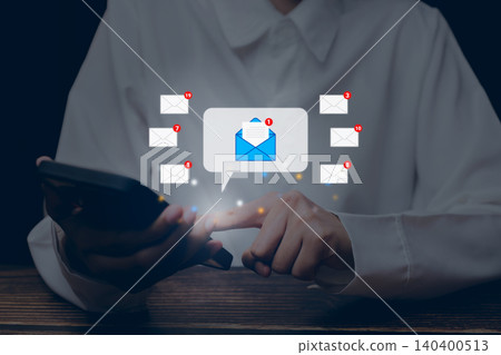 Email marketing, person using smartphone with digital inbox notifications, customer communication automation and business outreach Email marketing, person using smartphone with digital inbox notifications, customer communication automation and business outreach 140400513