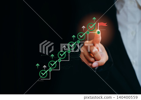 strategic planning. Business Success Progress with Check Marks and Growth Arrows in a Professional Setting 140400559