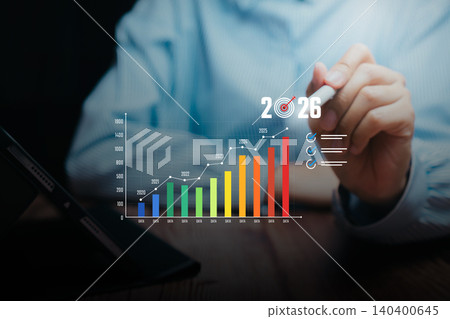 Growth concept. Hand pointing rising bar chart toward target year 2026, performance planning strategy, business forecasting insight, progress measurement, future development. 140400645