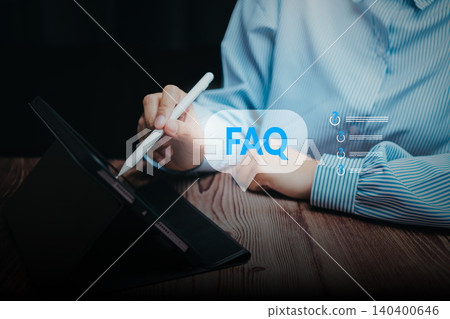 Support concept. Hand using stylus with FAQ bubble on tablet, customer assistance guidance, information service process, digital help center, query resolution efficiency. 140400646