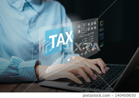 Financial analysis concept. Hands typing laptop with virtual tax dashboard, digital reporting accuracy, accounting optimization, compliance workflow, financial data management. Financial analysis concept. Hands typing laptop with virtual tax dashboard, digital reporting accuracy, accounting optimization, compliance workflow, financial data management. 140400650