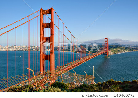 Golden Gate Bridge with city skyline and bay from Marin Headlands Golden Gate Bridge with city skyline and bay from Marin Headlands 140400772
