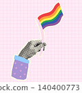 Halftone hand holding rainbow pride flag vector collage sticker, LGBT pride month design for posters 140400773
