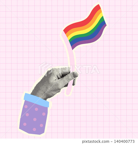 Halftone hand holding rainbow pride flag vector collage sticker, LGBT pride month design for posters Halftone hand holding rainbow pride flag vector collage sticker, LGBT pride month design for posters 140400773