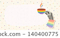Halftone hand holding a cup of coffee with LGBT pride flag colors, Rainbow stripes vector collage background with copy space for poster and banners 140400775