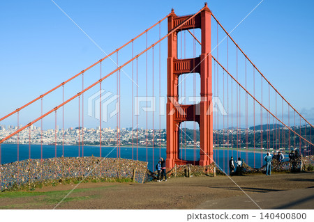 Golden Gate Bridge tower with visitors and San Francisco skyline Golden Gate Bridge tower with visitors and San Francisco skyline 140400800