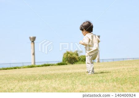 一個蹣跚學步的孩子在草地公園裡行走,鏡頭從背後拍攝。 一個蹣跚學步的孩子在草地公園裡行走,鏡頭從背後拍攝。 140400924
