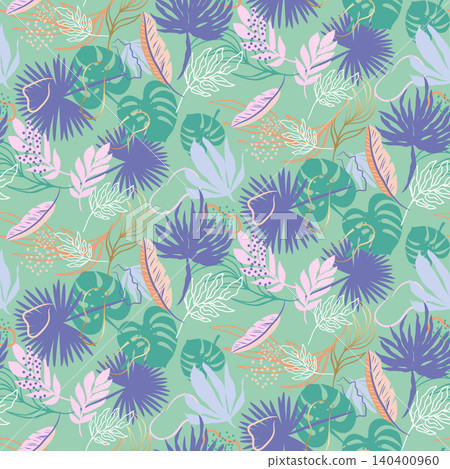 Seamless pattern of green tropical leaves and flowers summer background. Background Vector Seamless pattern of green tropical leaves and flowers summer background. Background Vector 140400960
