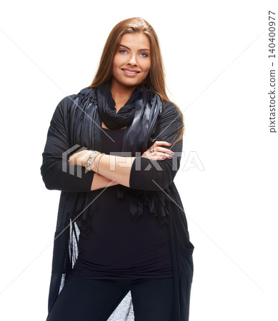 Fashion, portrait and woman with arms crossed for elegant, modern and trendy clothing in isolated white background studio. Happy, face and female model from Belgium for confidence, pride and style. 140400977