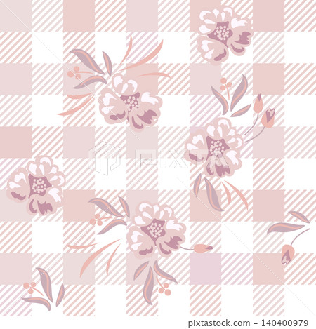 Flower pattern fusion rose pink on gingham checkered background with garden flowers. Farmhouse spring colors backdrop Flower pattern fusion rose pink on gingham checkered background with garden flowers. Farmhouse spring colors backdrop 140400979