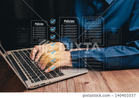 Business Professional Analyzing Policies on Laptop with Digital Document Interface, Business concept Business Professional Analyzing Policies on Laptop with Digital Document Interface, Business concept 140401037