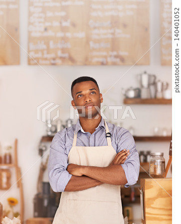 Owner, black man and thinking of cafe for business as entrepreneur, professional and working as barista. Male person, standing and thoughtful of idea for startup of store for coffee in Cape Town Owner, black man and thinking of cafe for business as entrepreneur, professional and working as barista. Male person, standing and thoughtful of idea for startup of store for coffee in Cape Town 140401052