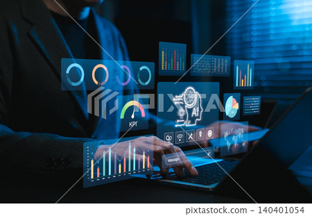 AI analytics dashboard and KPI performance reporting concept. Businessman using data charts, machine learning insights, business intelligence, automation tools, predictive metrics, decision support AI analytics dashboard and KPI performance reporting concept. Businessman using data charts, machine learning insights, business intelligence, automation tools, predictive metrics, decision support 140401054