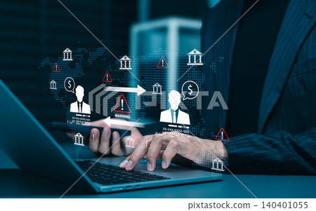 Banking fraud risk and financial transaction monitoring concept. global money transfer, warning alerts, customer profiles, bank icons, compliance checks, AML anti-money laundering, and cybersecurity 140401055