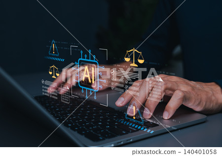 AI governance and digital law compliance concept. Lawyer hands typing on laptop to audit artificial intelligence algorithmic ethics rules policy guidelines and risk warning icons. regulatory control AI governance and digital law compliance concept. Lawyer hands typing on laptop to audit artificial intelligence algorithmic ethics rules policy guidelines and risk warning icons. regulatory control 140401058