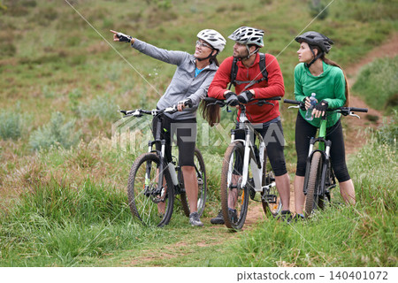 Cycling, fitness and sports people in nature for marathon training, race or journey with direction, location or path. Group, athlete and friends on bicycle for outdoor exercise, health and teamwork Cycling, fitness and sports people in nature for marathon training, race or journey with direction, location or path. Group, athlete and friends on bicycle for outdoor exercise, health and teamwork 140401072