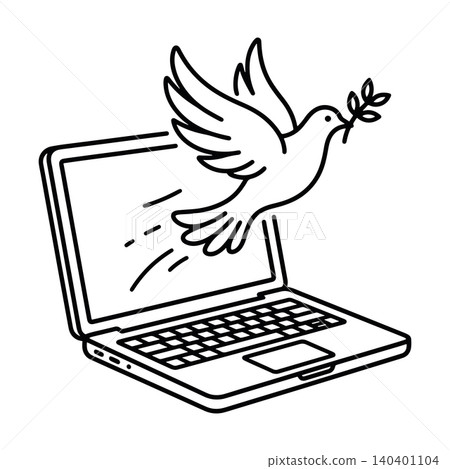 Holy Spirit dove flying out of laptop screen, digital church and online worship concept. Holy Spirit dove flying out of laptop screen, digital church and online worship concept. 140401104