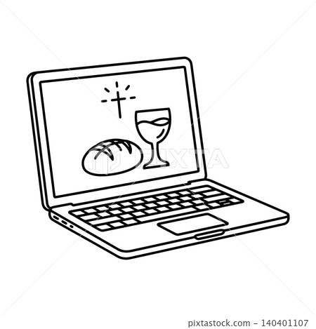 Virtual mass and digital communion concept. Laptop computer with eucharist bread, wine goblet, and Christian cross. Minimalist black and white line art. Virtual mass and digital communion concept. Laptop computer with eucharist bread, wine goblet, and Christian cross. Minimalist black and white line art. 140401107