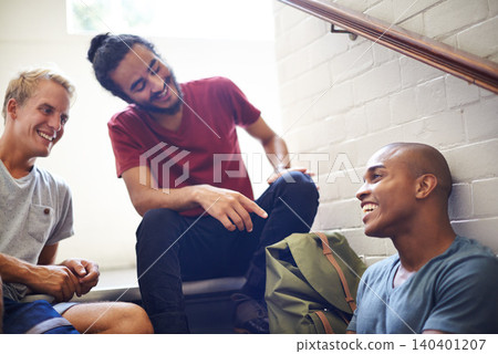Campus, stairs and students with smile, backpack and laughing together as friends, classmates and conversation. University, school and men in course for education with scholarship, relax and people 140401207