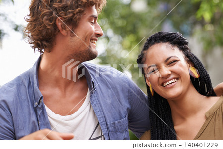 Diverse couple, outdoor and laugh for bonding, park and date together in summer for boyfriend and girlfriend. Multiracial, male and female for nature, happy and love for outside of city life Diverse couple, outdoor and laugh for bonding, park and date together in summer for boyfriend and girlfriend. Multiracial, male and female for nature, happy and love for outside of city life 140401229