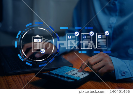 Business Tax. Digital compliance management, business professional reviewing verified online documents and approval workflow, automation security and audit process Business Tax. Digital compliance management, business professional reviewing verified online documents and approval workflow, automation security and audit process 140401496