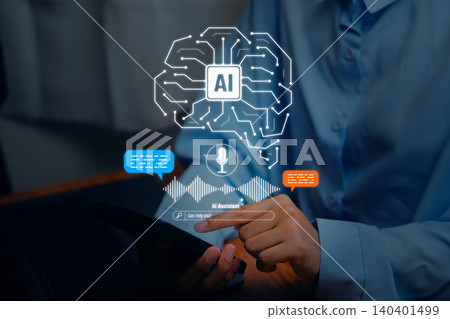 AI Generate. Artificial intelligence assistant, business user interacting with AI chatbot and voice communication interface, automation and smart technology concept AI Generate. Artificial intelligence assistant, business user interacting with AI chatbot and voice communication interface, automation and smart technology concept 140401499