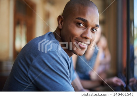 Portrait, smile and a black man at cafe to relax, cheerful and positive face for leisure at restaurant in Kenya. Facial, cafeteria and happy African person or young customer in casual clothes at shop Portrait, smile and a black man at cafe to relax, cheerful and positive face for leisure at restaurant in Kenya. Facial, cafeteria and happy African person or young customer in casual clothes at shop 140401545