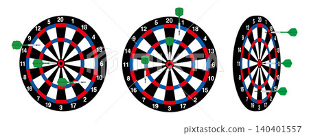 Dartboard and dart hit image set (front, diagonal, and side views) Dartboard and dart hit image set (front, diagonal, and side views) 140401557