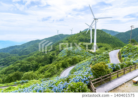 Windmills and mountain paths on Okawara Plateau where hydrangeas bloom. 140401575