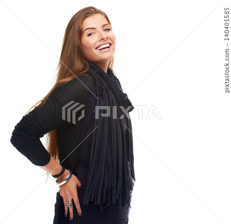Woman, fashion and smile for portrait of trendy style, elegant clothing and positivity in studio with white background. Happiness, pride and face of model for confidence, success and satisfaction. 140401585