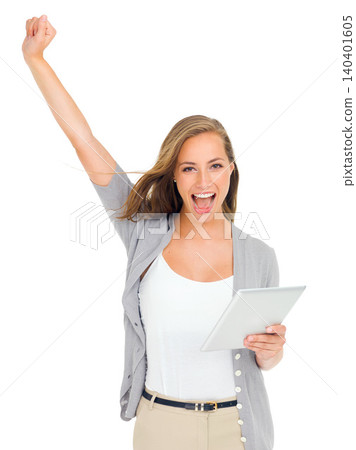 Woman, winning and portrait for tablet, mockup and studio for digital connection and social media for internet. Female person, white background and happy for celebrate, technology and success Woman, winning and portrait for tablet, mockup and studio for digital connection and social media for internet. Female person, white background and happy for celebrate, technology and success 140401605