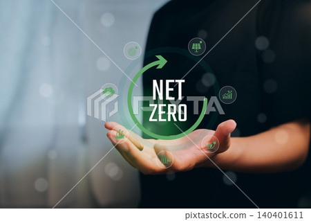 Business Concept of Net Zero Emissions with Visual Icons Representing Sustainability Goals, Business concept Business Concept of Net Zero Emissions with Visual Icons Representing Sustainability Goals, Business concept 140401611