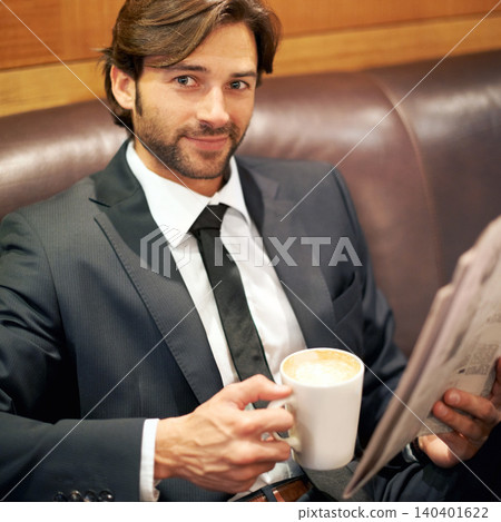 Businessman, portrait and newspaper in cafe, lounge and coffee shop with suit and sofa. Man, broker and news with reading, break and corporate job with mug and restaurant for rest and relaxation Businessman, portrait and newspaper in cafe, lounge and coffee shop with suit and sofa. Man, broker and news with reading, break and corporate job with mug and restaurant for rest and relaxation 140401622