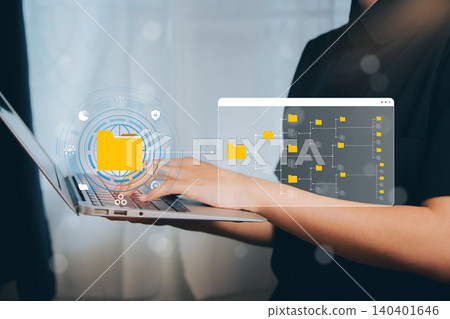 Digital File Management Concept with Laptop and Folder Icons for Modern Business and Technology Solutions 140401646