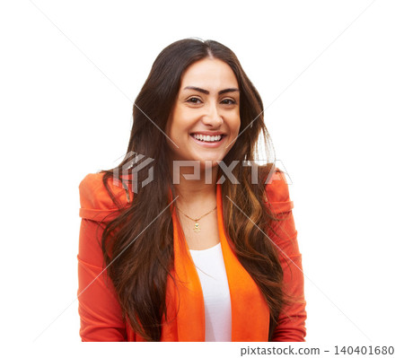 Happy journalist, portrait and confident professional in studio and excited in job by white background. Egypt lady, smile face or commitment in writing career with trendy style or elegant in mockup 140401680