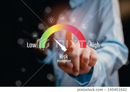 Risk Management Scale with Finger Pointing, Indicators of Low, Medium, and High Risk Levels, Business concept 140401682