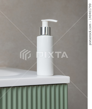 White pump cosmetic bottle mockup on green bathroom vanity. Skincare cosmetic packaging White pump cosmetic bottle mockup on green bathroom vanity. Skincare cosmetic packaging 140401799