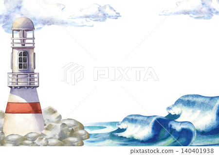 Watercolor marine landscape rectangular frame with hand-drawn lighthouse on rocks and blue sea waves on isolated background 140401938