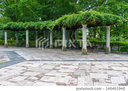 A wisteria trellis at the entrance to a lush green park. A wisteria trellis at the entrance to a lush green park. 140401948