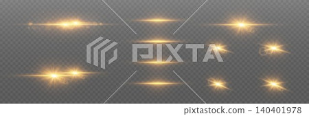 Golden light effects creating a bright glow and sparkle on a transparent background 140401978
