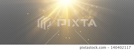 Golden light creating bright rays and shimmering dust on a transparent background 140402117