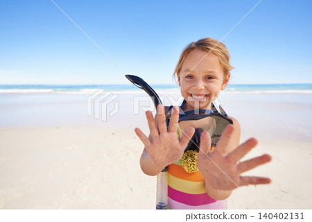 Girl, portrait and hands for goggles at beach, swimming and equipment for snorkeling on holiday. Female person, child and happy on tropical vacation in outdoors, sand and blue sky for mockup space Girl, portrait and hands for goggles at beach, swimming and equipment for snorkeling on holiday. Female person, child and happy on tropical vacation in outdoors, sand and blue sky for mockup space 140402131