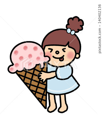 A cute girl with loose, fluffy bun hair holding a large ice cream cone, wearing a dress. A cute girl with loose, fluffy bun hair holding a large ice cream cone, wearing a dress. 140402136