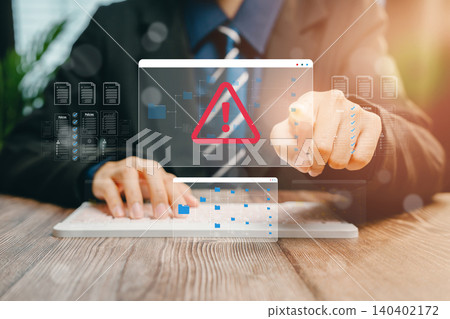 Businessman pointing warning alert on digital screen, Business concept 140402172