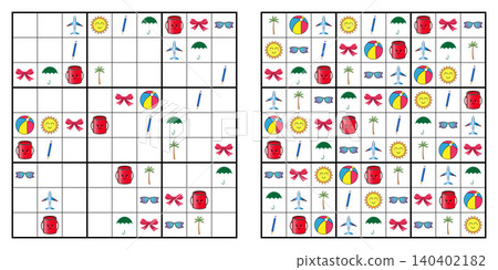 Large 9x9 summer picture sudoku logic game for kids and adults with travel elements 140402182