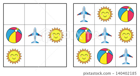 Simple 3x3 picture sudoku logic puzzle for toddlers with airplane sun and beach ball Simple 3x3 picture sudoku logic puzzle for toddlers with airplane sun and beach ball 140402185