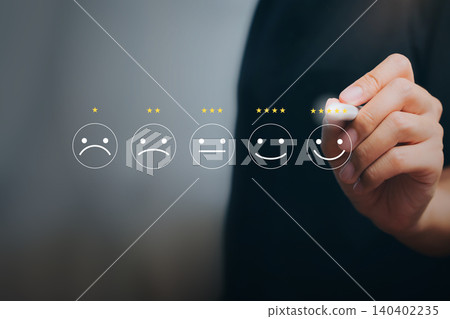 Customer satisfaction rating concept. Hand drawing five star smiley face feedback scale, service quality review, client experience survey, brand reputation management and trust building. 140402235