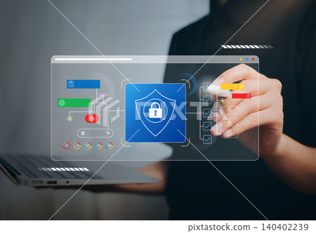 Data protection interface concept. Hand interacting with digital dashboard and security shield icon, privacy management system, AI security workflow, trusted information control platform. 140402239