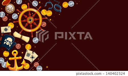 Caribbean pirate background with golden coins, golden ship anchor, wooden steering wheel and piracy flag. Nautical banner with scattered gold coins on dark brown backdrop for pirate party invitations Caribbean pirate background with golden coins, golden ship anchor, wooden steering wheel and piracy flag. Nautical banner with scattered gold coins on dark brown backdrop for pirate party invitations 140402324